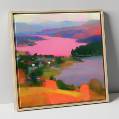 Ambleside Over Pink Waters lake district village canvas wall art in natural frame