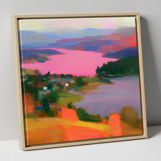 Ambleside Over Pink Waters lake district village canvas wall art in natural frame