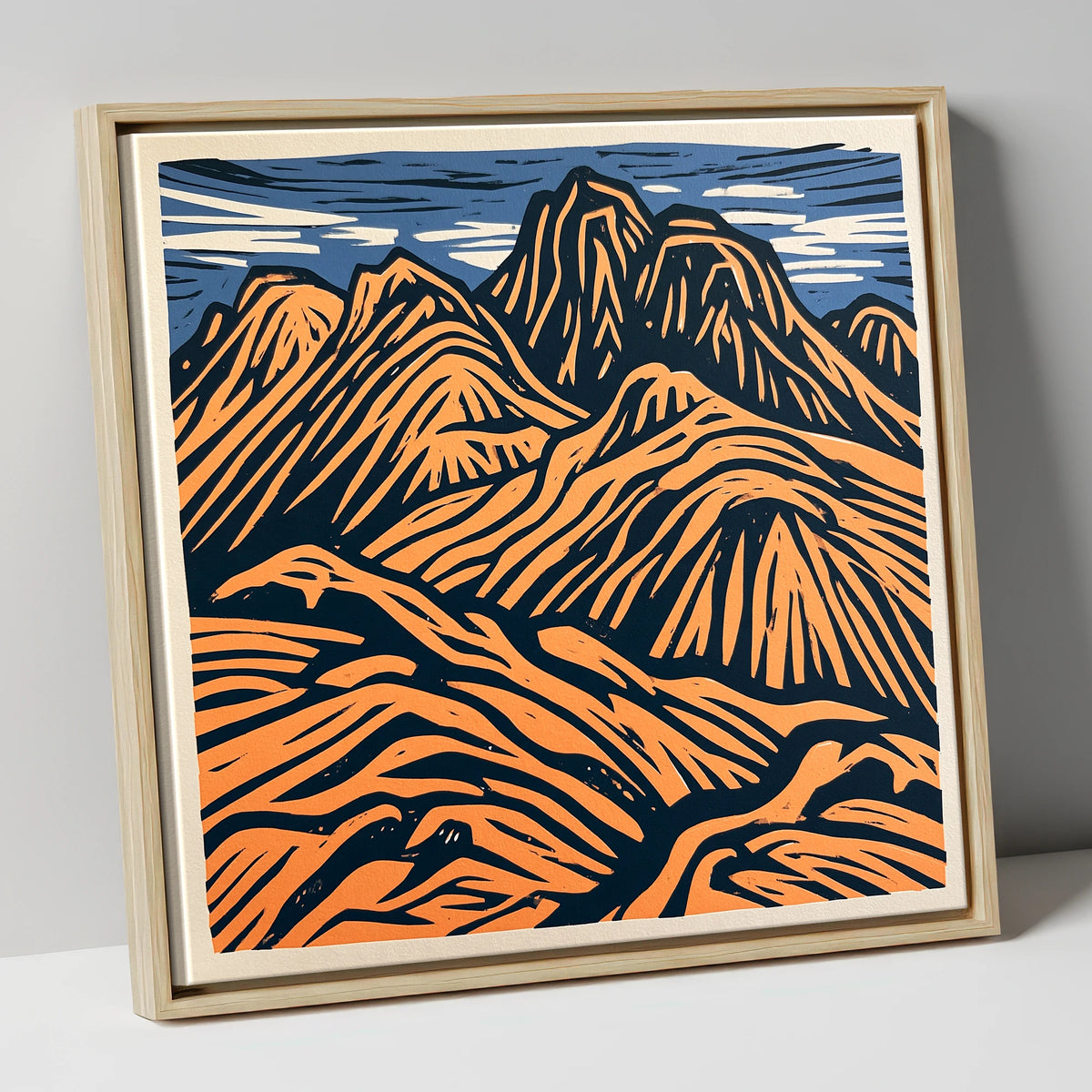 Bowfell in Terracotta and Navy lake district fell canvas wall art in natural frame