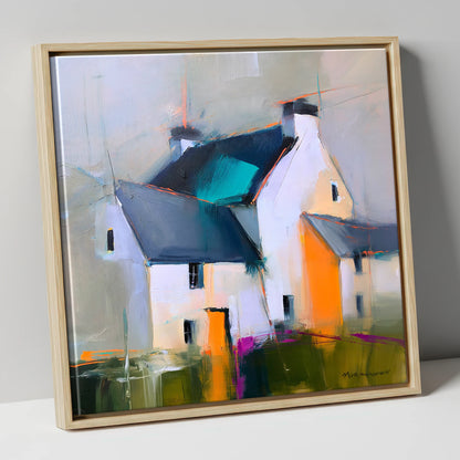 Abstract Lakeland Slate Cottages lake district village canvas wall art in natural frame