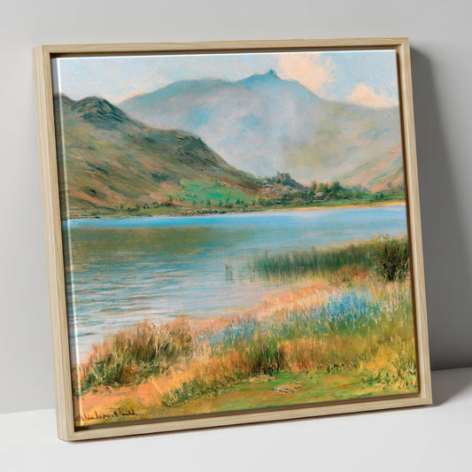 Turquoise Lake and Hazy Fells lake district lake canvas wall art in natural frame