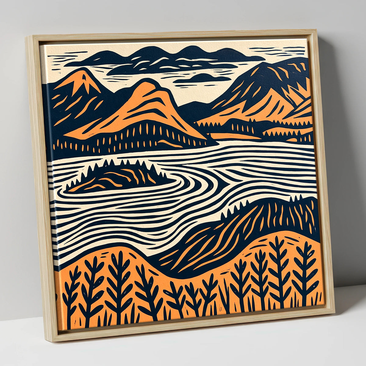 Derwentwater Island in Orange and Navy lake district lake canvas wall art in natural frame