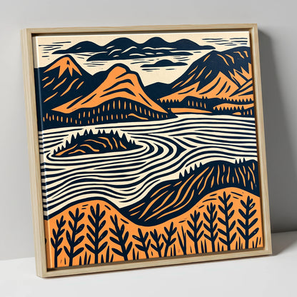 Derwentwater Island in Orange and Navy lake district lake canvas wall art in natural frame