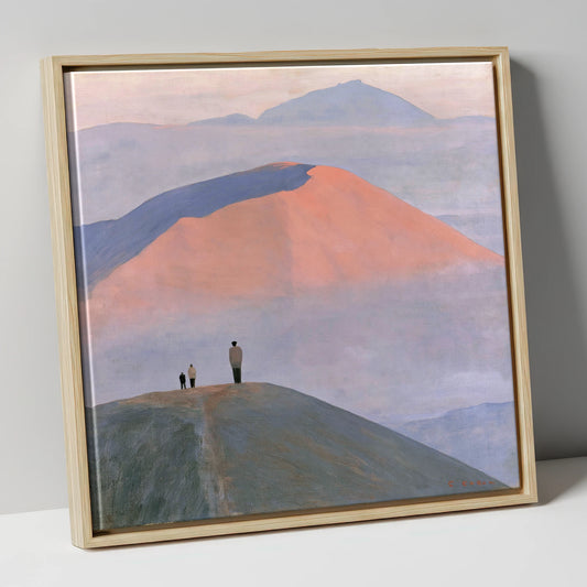 Hikers on a Pastel Fell Top lake district fell canvas wall art in natural frame