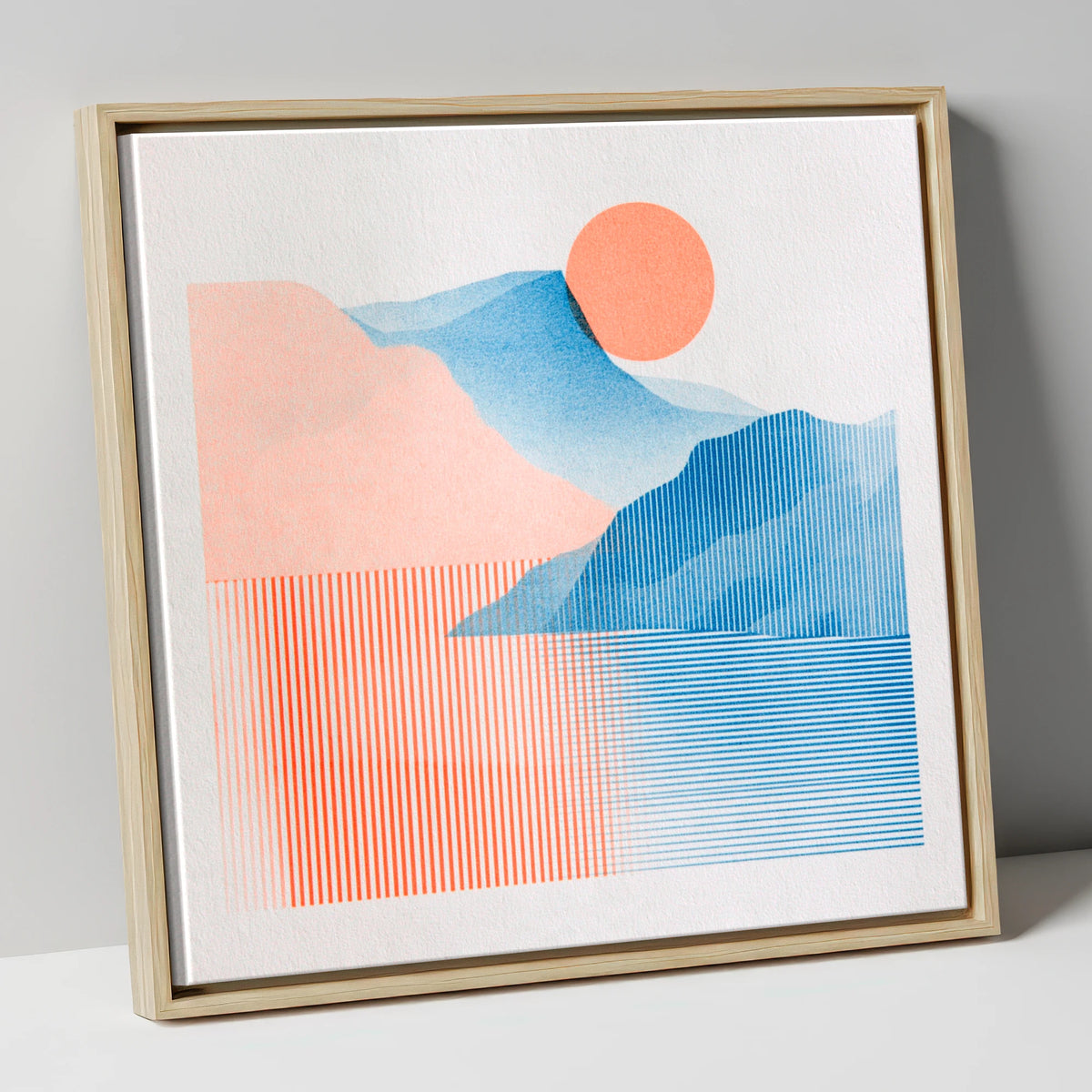 Geometric Derwentwater Sunrise lake district lake canvas wall art in natural frame