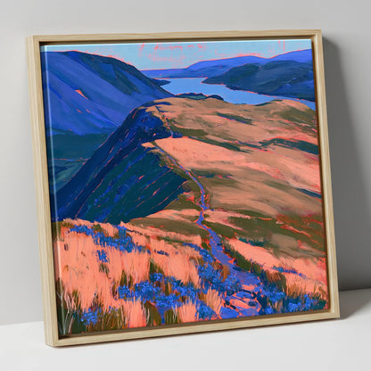 Beda Fell Ridge in Coral Light lake district village canvas wall art in natural frame