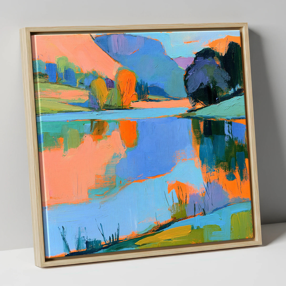 Vibrant Reflections on a Calm Lake lake district lake canvas wall art in natural frame