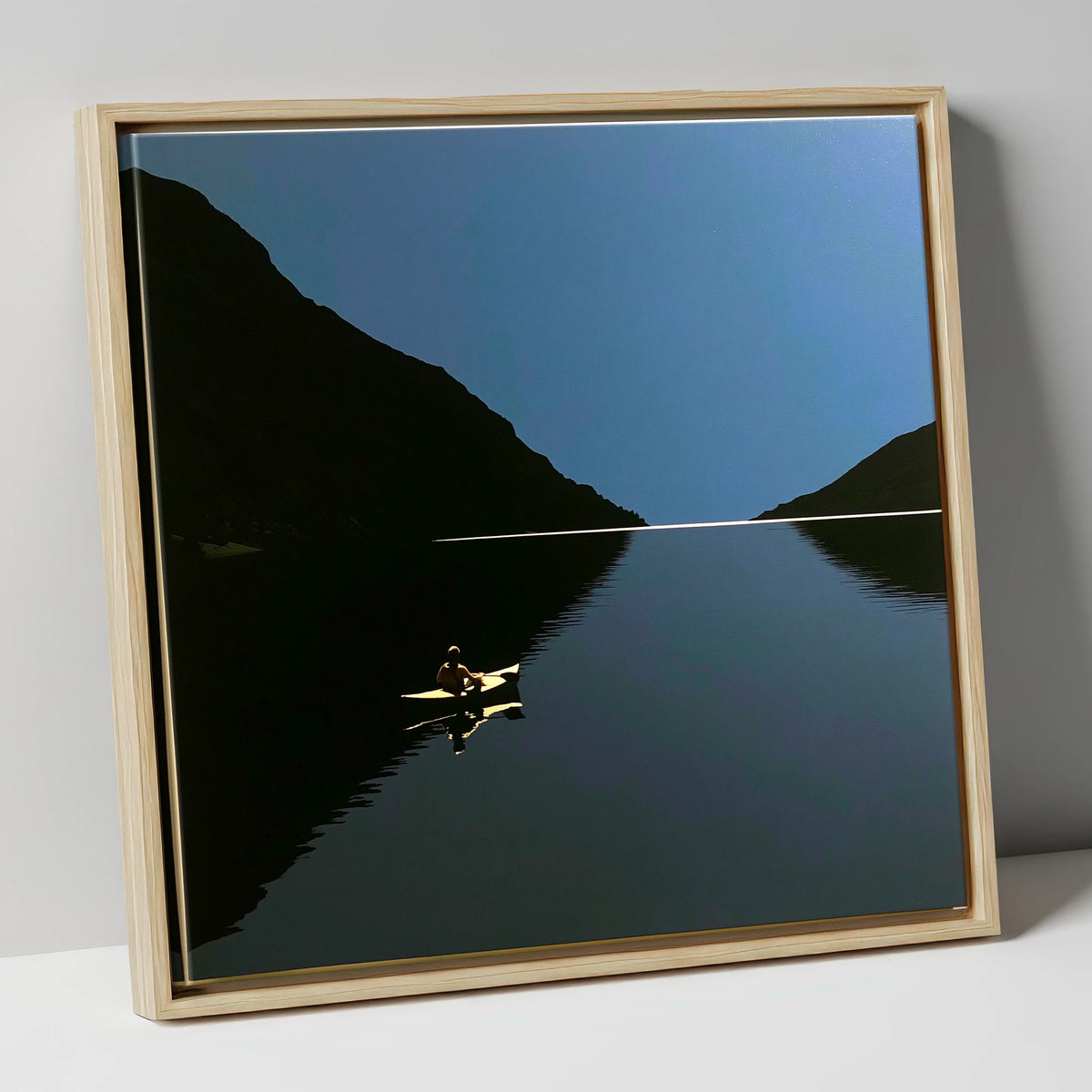 Illuminated Kayak on Dark Lake lake district walking canvas wall art in natural frame