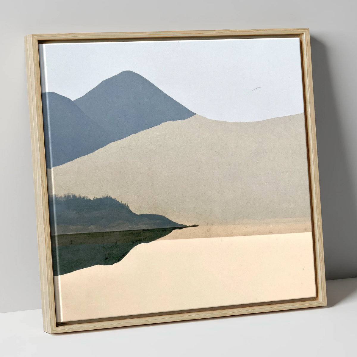 Lakeshore Reflection and Slate Blue Fells lake district lake canvas wall art in natural frame