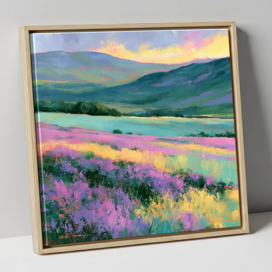 Purple Heather Fellside at Sunset lake district wildflower canvas wall art in natural frame
