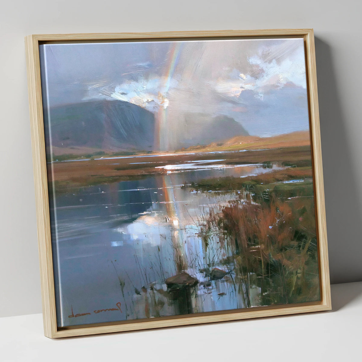 Rainbow Reflection Over Valley Waters lake district sky canvas wall art in natural frame