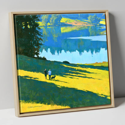 Sunlit Dog Walkers at Tarn Hows gifts for dog walkers canvas wall art in natural frame