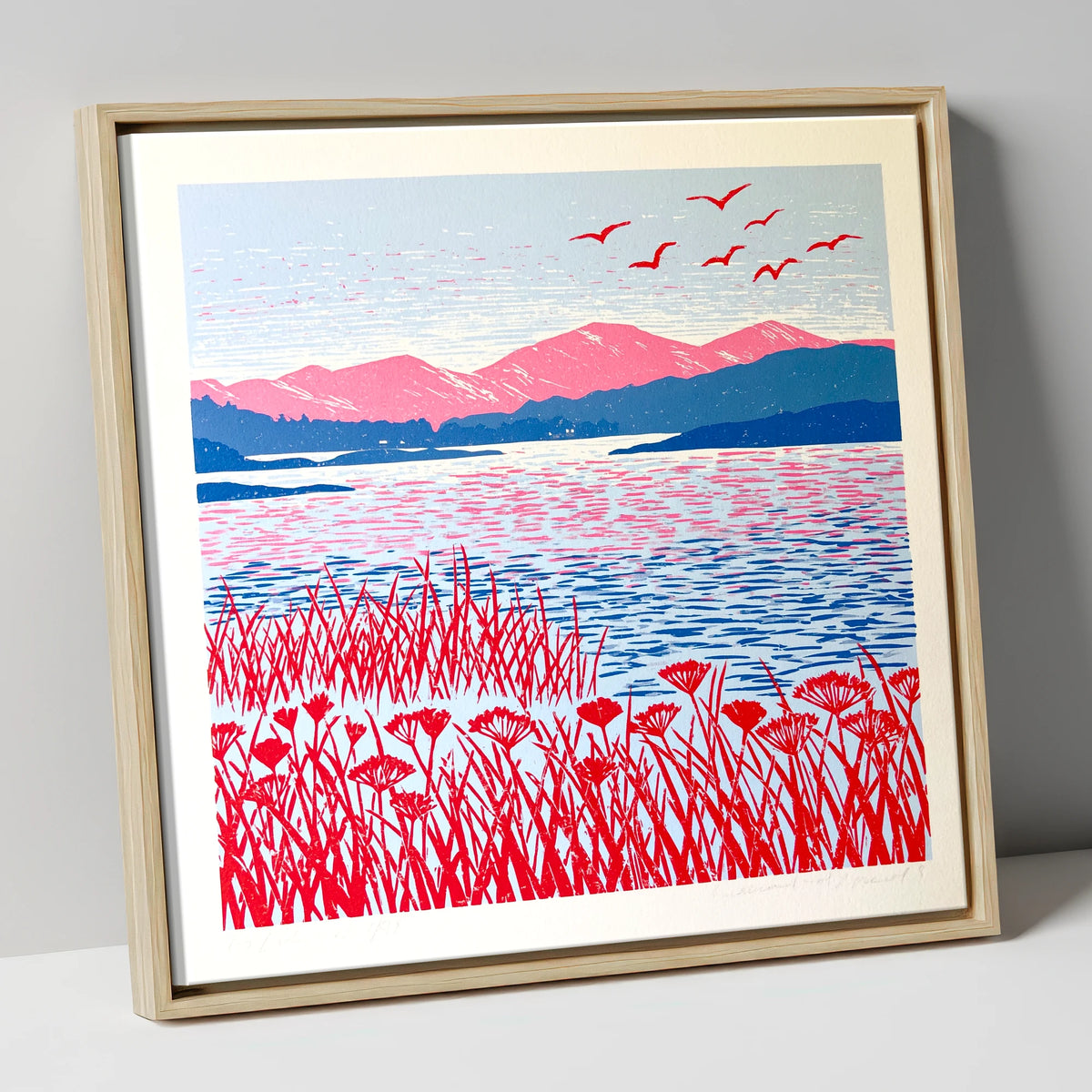 Red Reeds Over Coniston Water lake district lake canvas wall art in natural frame