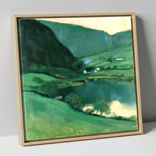 Emerald Fells Over Dark Water lake district lake canvas wall art in natural frame
