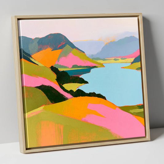 Bold Pink Fells and Lake lake district lake canvas wall art in natural frame