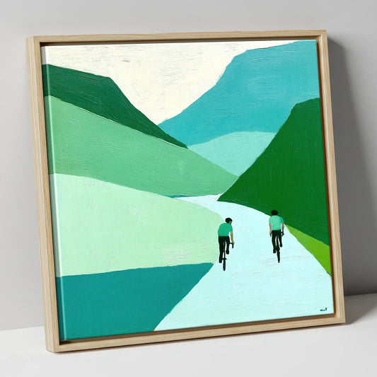 Cyclists Ascending Honister Pass lake district walking canvas wall art in natural frame