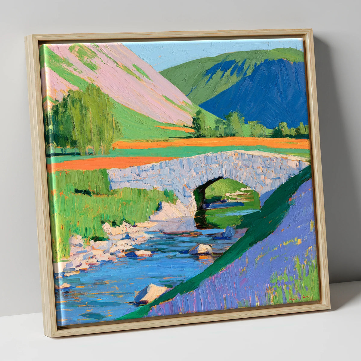 Vibrant Stone Bridge And Beck lake district waterfall canvas wall art in natural frame