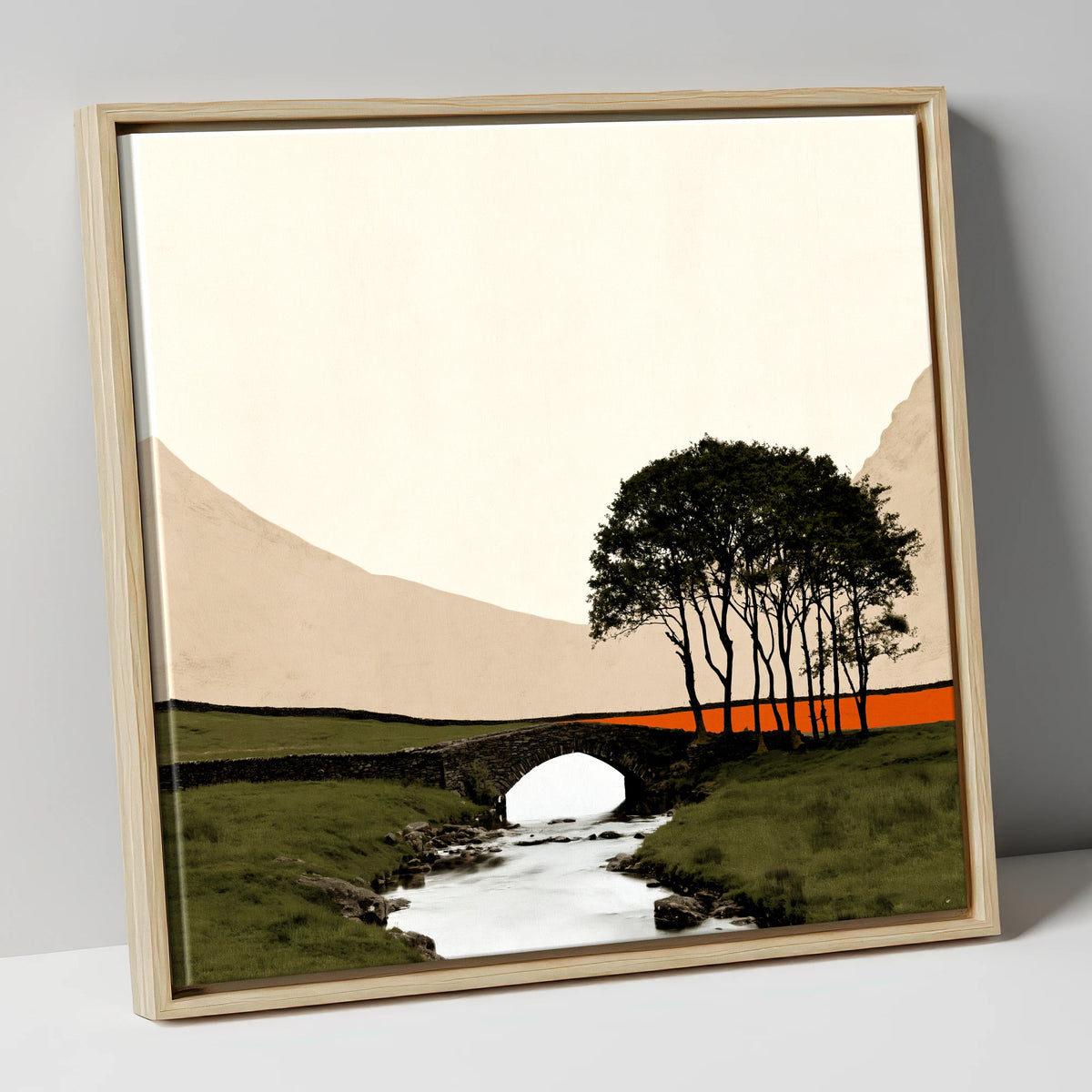 Stone Bridge With Silhouetted Trees lake district waterfall canvas wall art in natural frame