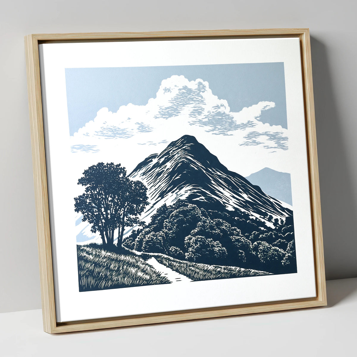 Catbells Fell in Deep Navy lake district fell canvas wall art in natural frame