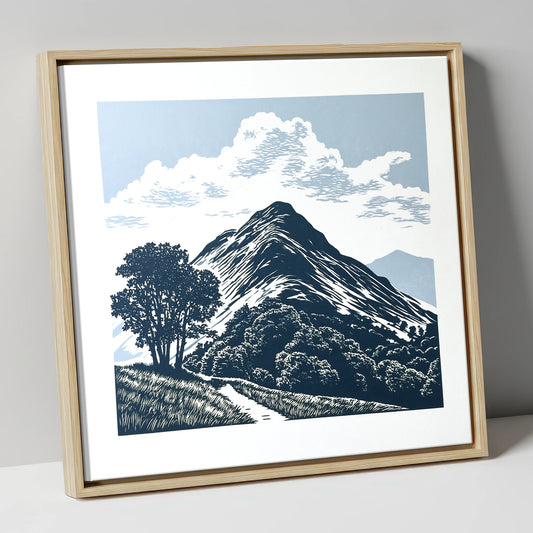 Catbells Fell in Deep Navy lake district fell canvas wall art in natural frame