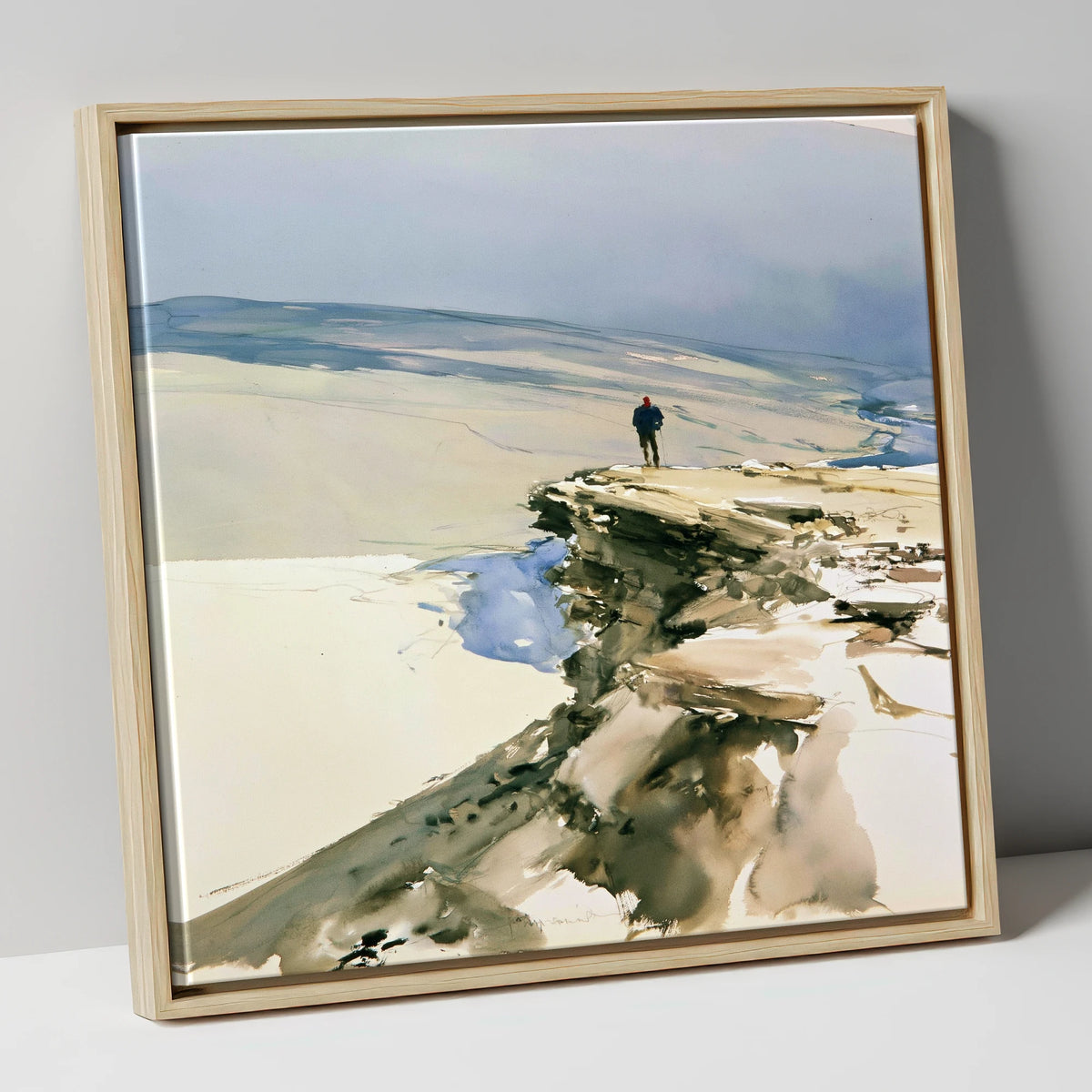 Lone Hiker on Fell Edge lake district walking canvas wall art in natural frame