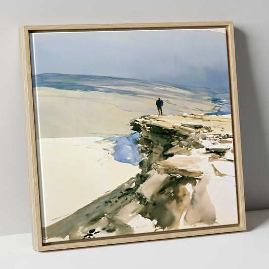 Lone Hiker on Fell Edge lake district walking canvas wall art in natural frame