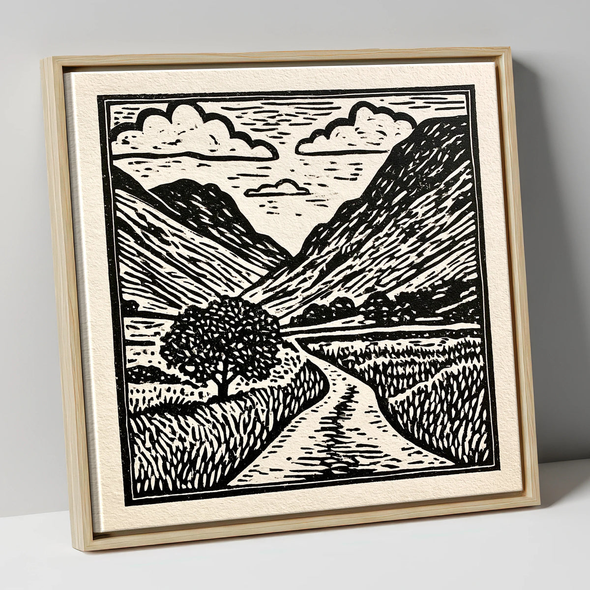 Monochrome Hardknott Pass Landscape lake district valley canvas wall art in natural frame