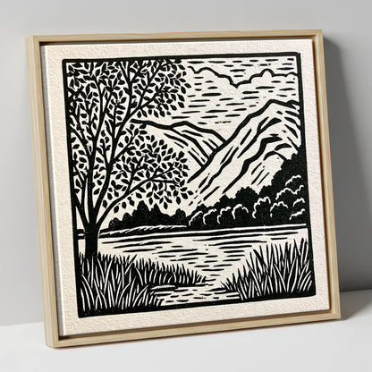 Monochrome Grasmere Water and Fells lake district lake canvas wall art in natural frame