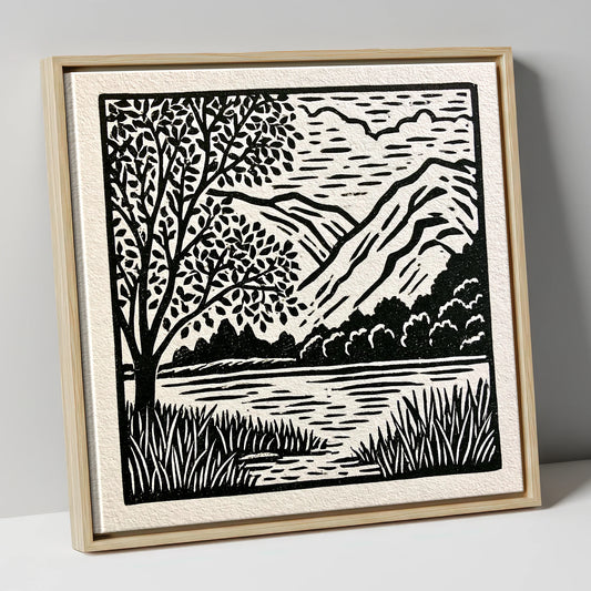 Monochrome Grasmere Water and Fells lake district lake canvas wall art in natural frame