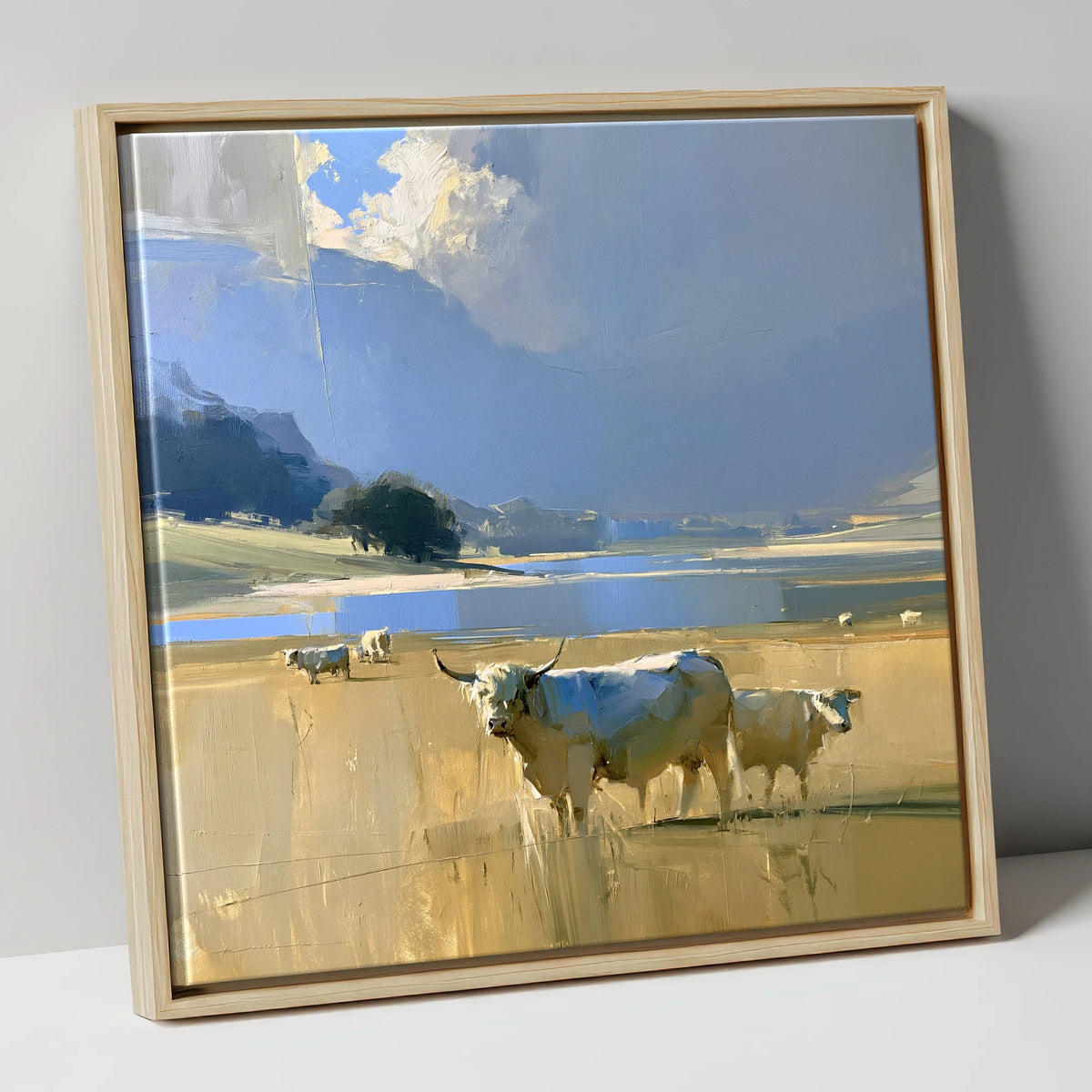Highland Cattle Before Moody Fells lake district wildlife canvas wall art in natural frame