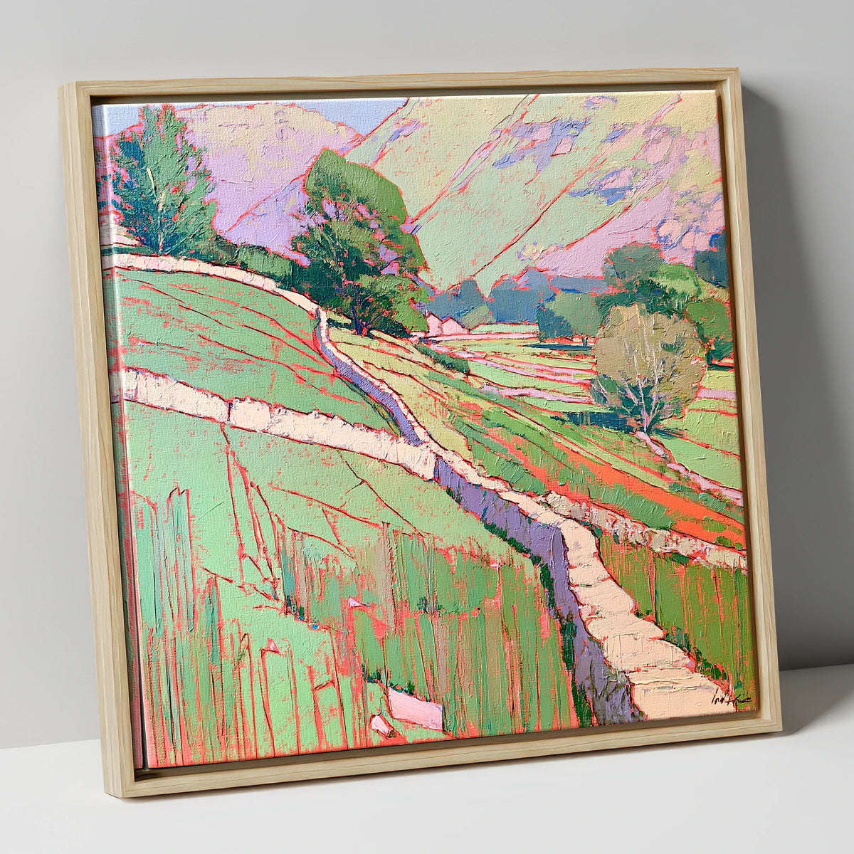 Vivid Drystone Wall Through Valley lake district valley canvas wall art in natural frame