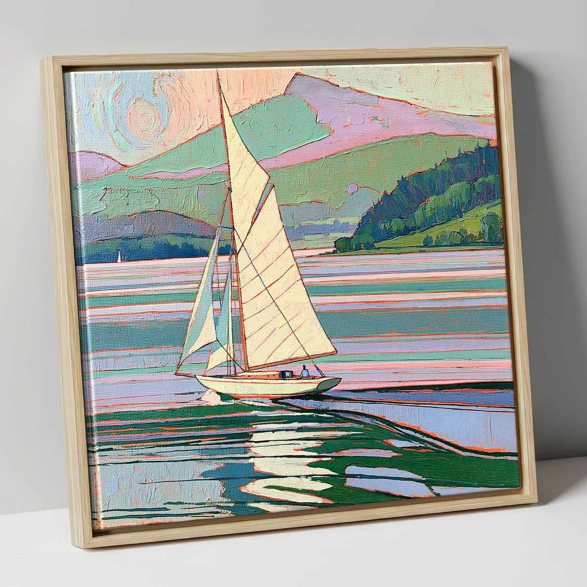 Sailboat on a Pastel Lake lake district walking canvas wall art in natural frame