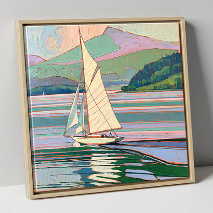 Sailboat on a Pastel Lake lake district walking canvas wall art in natural frame
