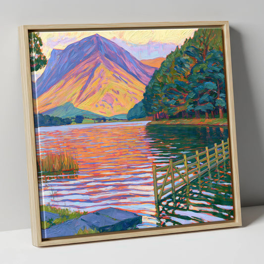 Vibrant Light over Buttermere Lake lake district lake canvas wall art in natural frame