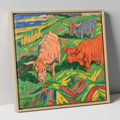 Vibrant Highland Cattle Grazing lake district wildlife canvas wall art in natural frame