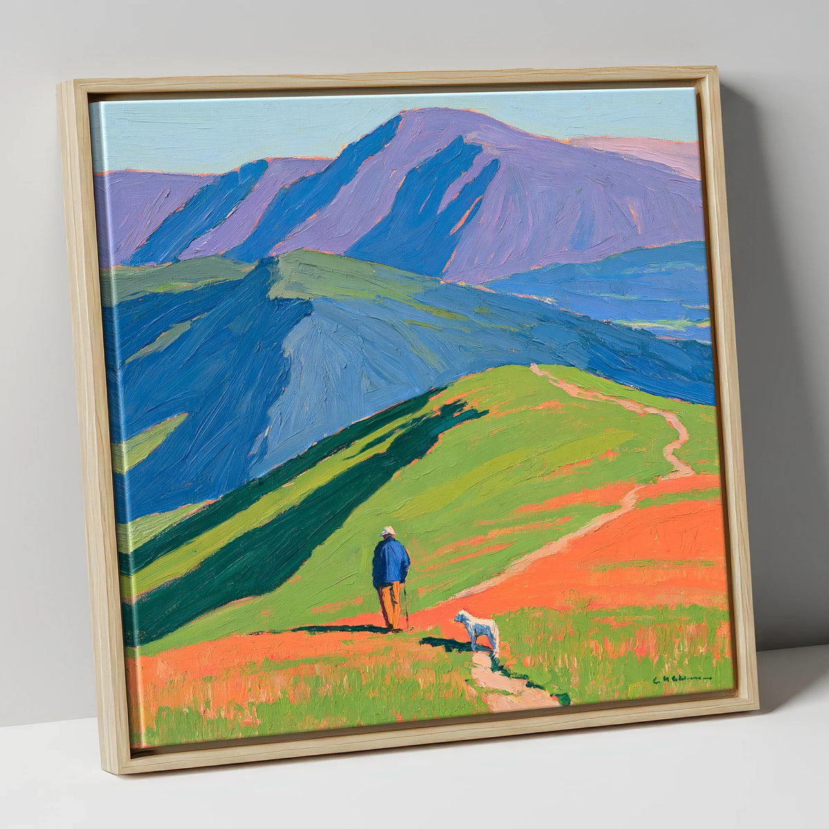 Vibrant Walker and Dog on Latrigg gifts for dog walkers canvas wall art in natural frame