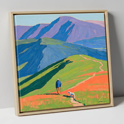 Vibrant Walker and Dog on Latrigg gifts for dog walkers canvas wall art in natural frame