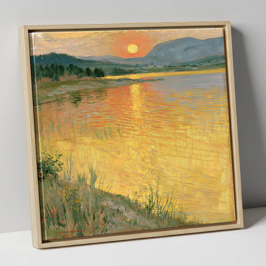 Golden Sunset Over the Water lake district lake canvas wall art in natural frame
