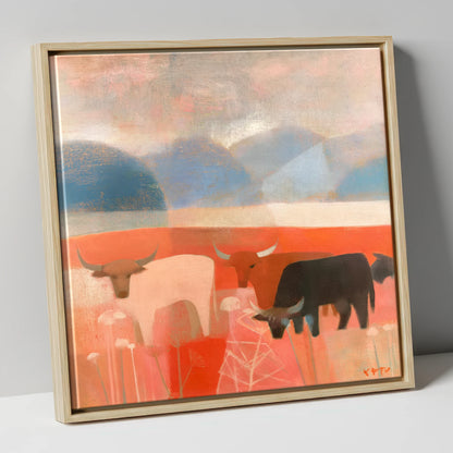 Highland Cattle against Slate Fells lake district wildlife canvas wall art in natural frame