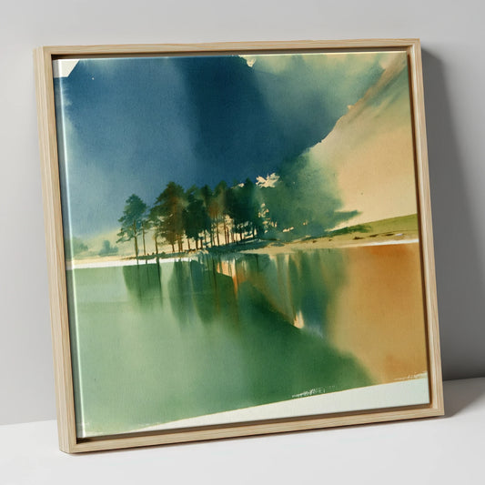 Buttermere Pines Reflected in Teal lake district lake canvas wall art in natural frame