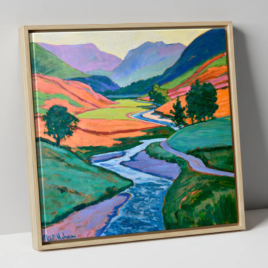 Vibrant River Valley in Sunset Hues lake district waterfall canvas wall art in natural frame