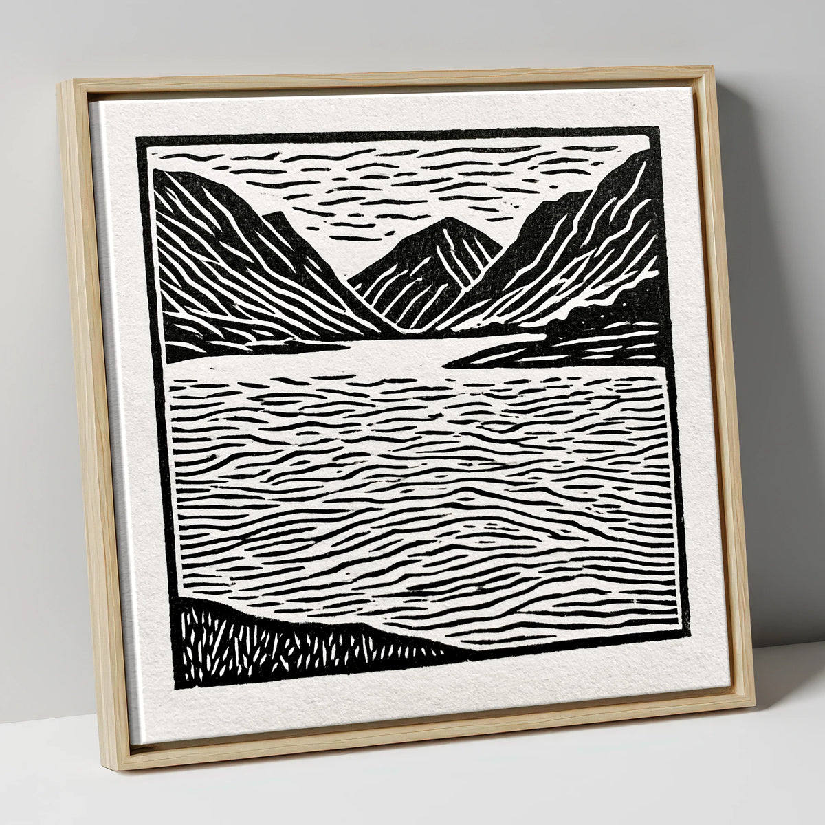 Lake and Fells in Monochrome lake district lake canvas wall art in natural frame