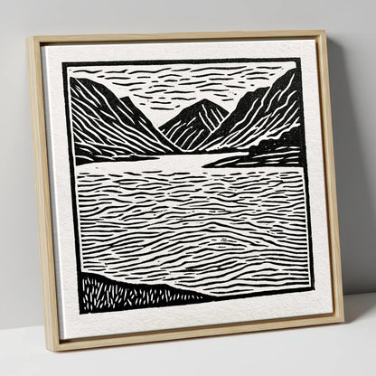 Lake and Fells in Monochrome lake district lake canvas wall art in natural frame