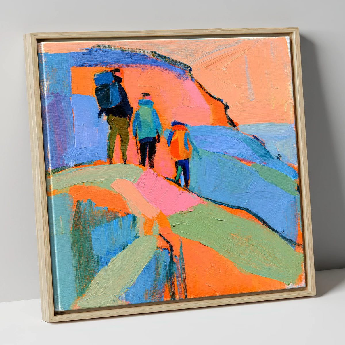 Abstract Hikers on a Fell lake district fell canvas wall art in natural frame