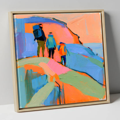 Abstract Hikers on a Fell lake district fell canvas wall art in natural frame