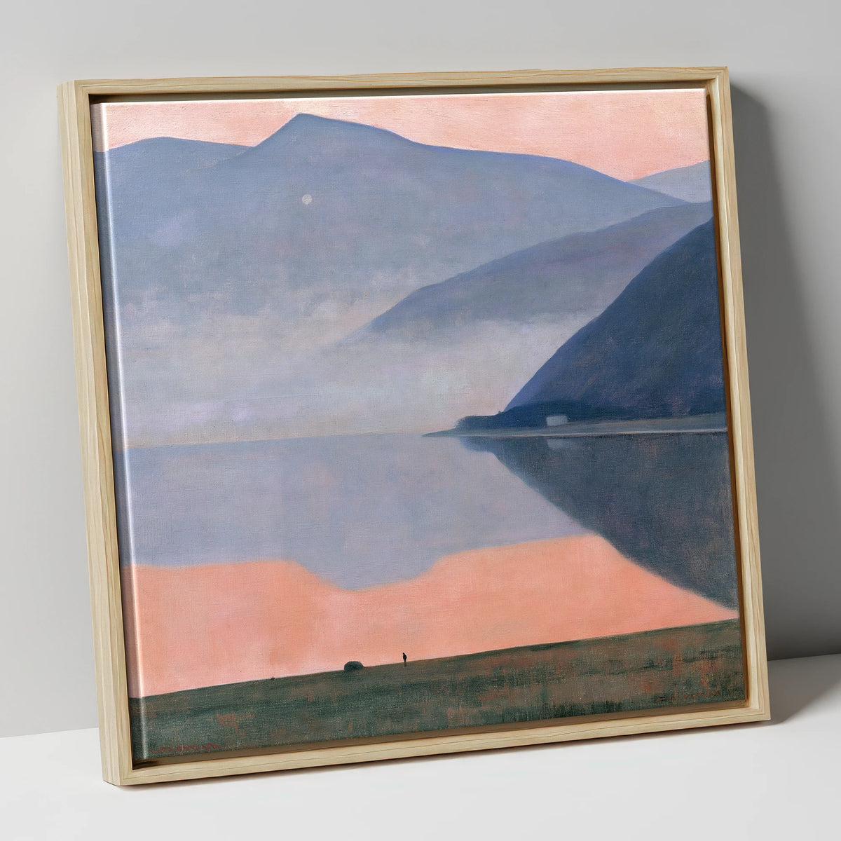 Pink Dusk Over Still Lake lake district lake canvas wall art in natural frame