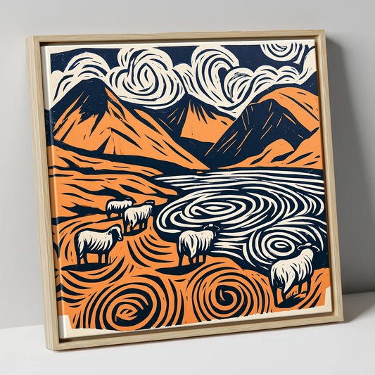 Scafell Pike in Terracotta and Navy lake district fell canvas wall art in natural frame