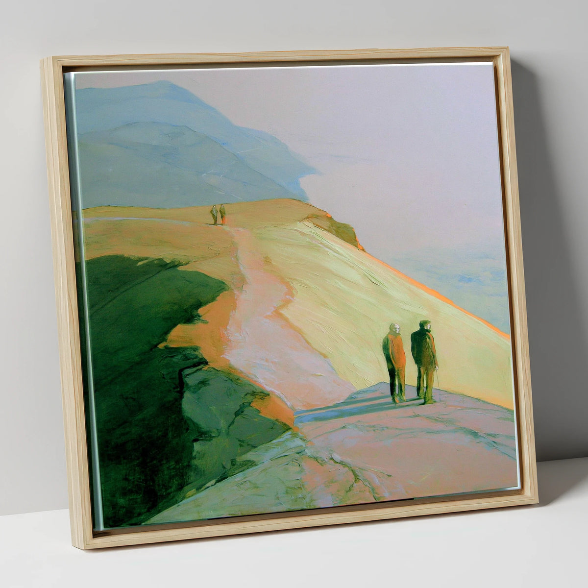 Hikers on a Golden Fell lake district fell canvas wall art in natural frame