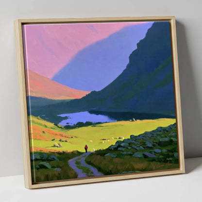 Lone Hiker in Vibrant Fells lake district walking canvas wall art in natural frame