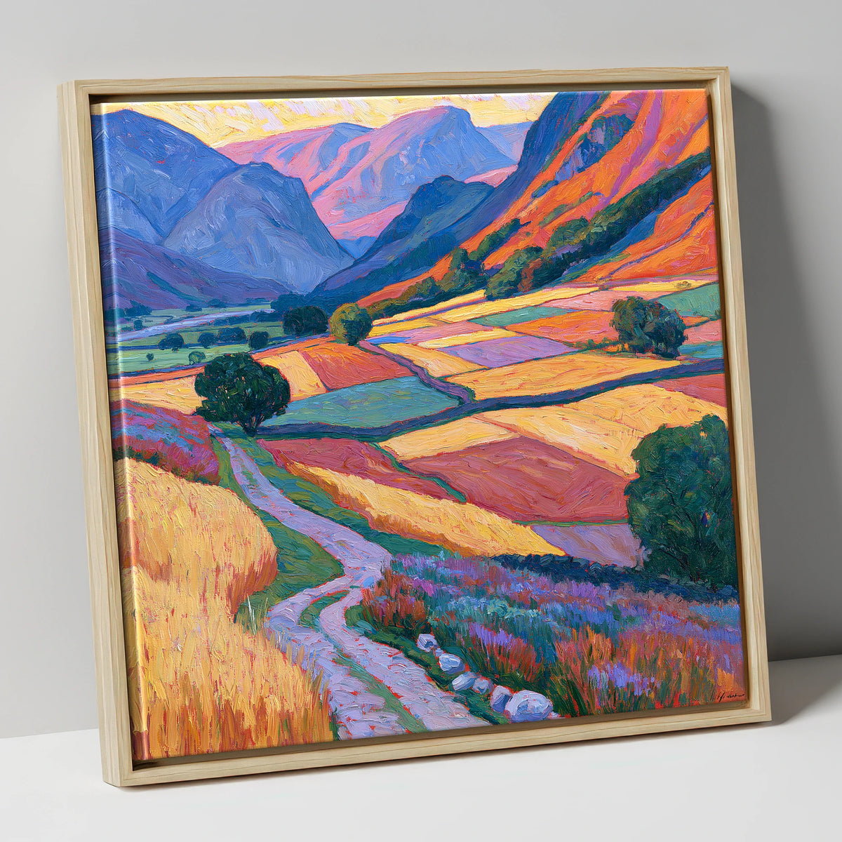 Vivid Patchwork Fields in the Dale lake district valley canvas wall art in natural frame